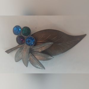 Vintage Brass Leaf and Tin Flower Colorful Cut Glass Brooch by Pisces